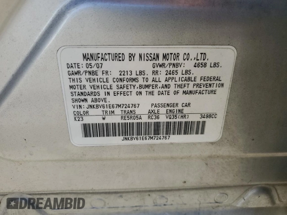 2007 Infiniti G35 Journey with VIN JNKBV61E67M724767, listed as a Copart auction lot 74727164 with 177,423 mi miles and Salvage Title. Bid and sale history available at DreamBid. Image 13.