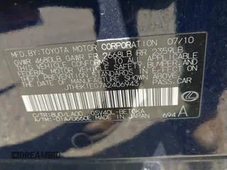 2010 Lexus ES with VIN JTHBK1EG7A2406943, listed as a IAAI auction lot 42156815 with 122,594 mi miles. Bid and sale history available at carsss.com. Image 9.