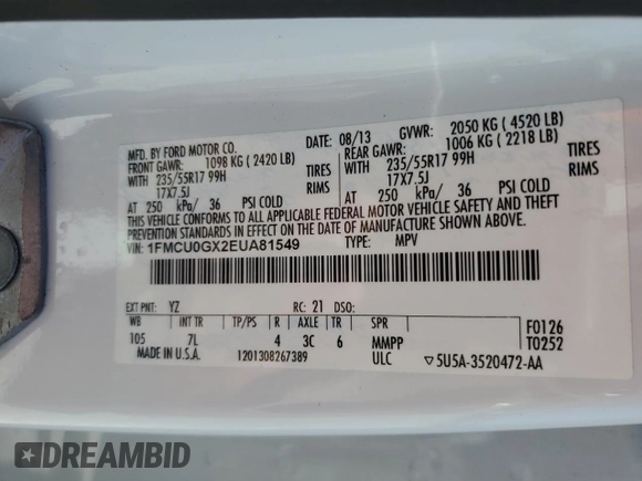 2014 Ford Escape SE with VIN 1FMCU0GX2EUA81549, listed as a Copart auction lot 53231685 with 107,546 mi miles and Salvage Title. Bid and sale history available at carsss.com. Image 13.