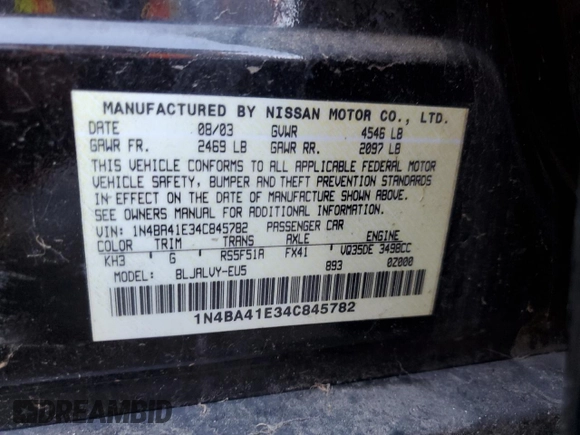 2004 Nissan Maxima SE with VIN 1N4BA41E34C845782, listed as a Copart auction lot 75946654 with 84,522 mi miles and Clean Title. Bid and sale history available at carsss.com. Image 12.