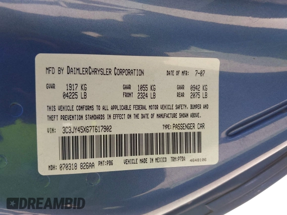 2007 Chrysler PT Cruiser with VIN 3C3JY45X67T617902, listed as a IAAI auction lot 42742330 with Not provided miles and . Bid and sale history available at DreamBid. Image 9.