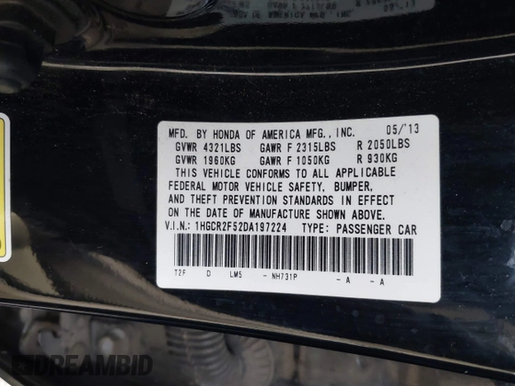 2013 Honda Accord Sport with VIN 1HGCR2F52DA197224, listed as a IAAI auction lot 41712461 with 188,065 mi miles and . Bid and sale history available at DreamBid. Image 9.
