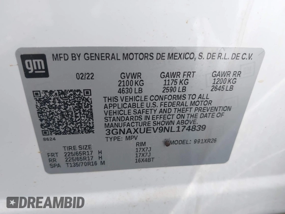 2022 Chevrolet Equinox LT z VIN 3GNAXUEV9NL174839, wystawiony jako IAAI lot #42470518 z przebiegiem 18 709 mil mil oraz . Historia ofert i sprzedaży dostępna na DreamBid. Obrazek 9.