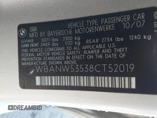 2008 BMW 5 Series 550i with VIN WBANW53538CT52019, listed as a IAAI auction lot 41550107 with 192,163 mi miles. Bid and sale history available at carsss.com. Image 9.