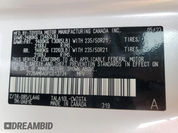 2023 Lexus RX 350 with VIN 2T2BAMBA0PC013734, listed as a Copart auction lot 55179335 with 22,314 mi miles and Salvage title. Bid and sale history available at DreamBid. Image 13.