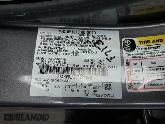 2012 Ford Fusion SEL with VIN 3FAHP0JA0CR226670, listed as a Copart auction lot 53112235 with 146,500 mi miles and Salvage Title. Bid and sale history available at carsss.com. Image 13.