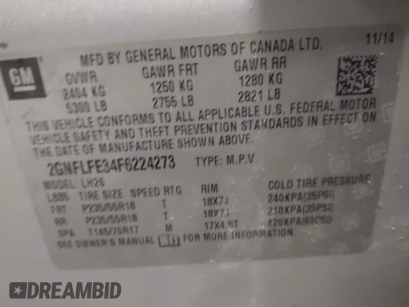 2015 Chevrolet Equinox LT with VIN 2GNFLFE34F6224273, listed as a IAAI auction lot 41465494 with 189,035 mi miles and . Bid and sale history available at DreamBid. Image 9.
