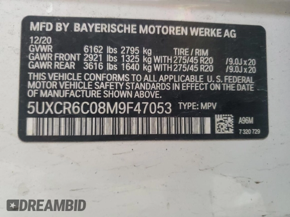 2021 BMW X5 xDrive40i with VIN 5UXCR6C08M9F47053, listed as a Copart auction lot 53625805 with 58,555 mi miles and Salvage Title. Bid and sale history available at carsss.com. Image 14.