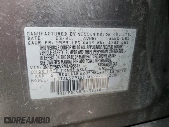 2021 Nissan Kicks SV with VIN 3N1CP5CV2ML495312, listed as a Copart auction lot 48202875 with 57,756 mi miles and Salvage Title. Bid and sale history available at carsss.com. Image 14.