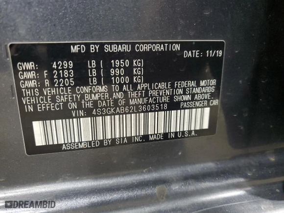 2020 Subaru Impreza with VIN 4S3GKAB62L3603518, listed as a Copart auction lot 88059575 with 44,050 mi miles and Salvage Title. Bid and sale history available at carsss.com. Image 14.