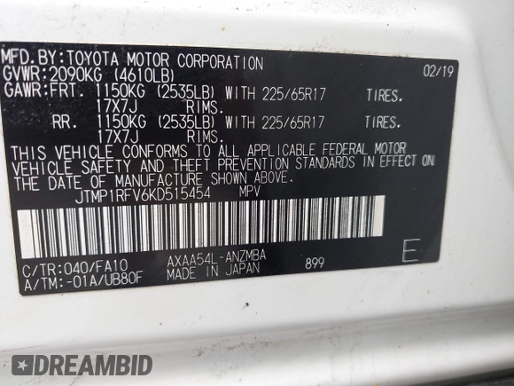 2019 Toyota RAV4 XLE with VIN JTMP1RFV6KD515454, listed as a IAAI auction lot 42618019 with 85,868 mi miles and . Bid and sale history available at DreamBid. Image 9.