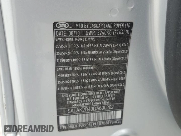 2013 Land Rover LR4 Lux with VIN SALAK2D43DA690262, listed as a Copart auction lot 41687685 with Not provided miles and Clean title. Bid and sale history available at DreamBid. Image 13.