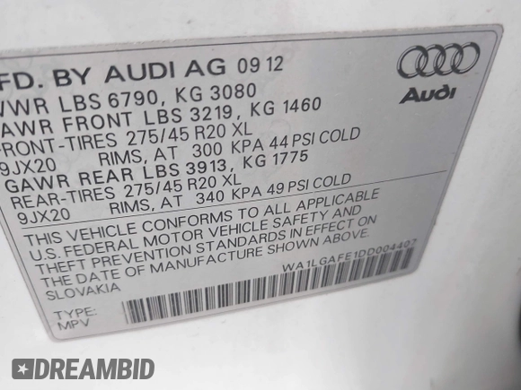 2013 Audi Q7 3.0T Premium Plus with VIN WA1LGAFE1DD004407, listed as a IAAI auction lot 41520086 with 196,557 mi miles. Bid and sale history available at carsss.com. Image 9.