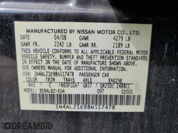 2008 Nissan Altima 2.5 S with VIN 1N4AL21E98N517478, listed as a Copart auction lot 69945884 with 0 mi miles and Salvage Title. Bid and sale history available at carsss.com. Image 12.