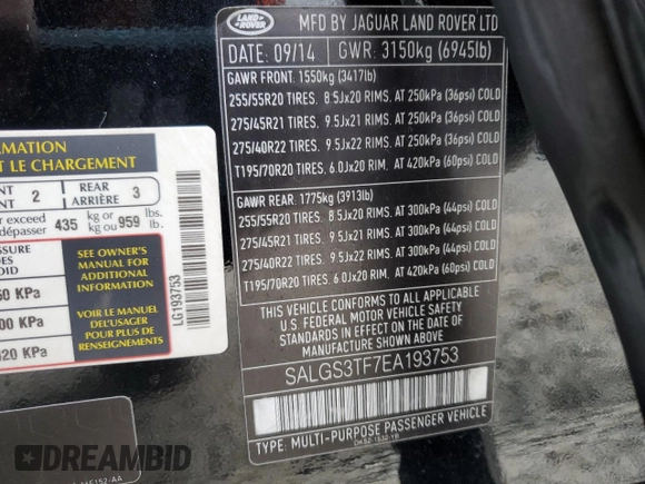 2014 Land Rover Range Rover Supercharged with VIN SALGS3TF7EA193753, listed as a Copart auction lot 48205405 with 122,881 mi miles and Clean title. Bid and sale history available at DreamBid. Image 13.