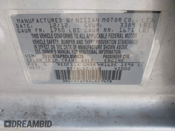 2013 Nissan Versa S Plus z VIN 3N1CN7AP8DL859478, wystawiony jako IAAI lot #42098071 z przebiegiem 107 941 mil mil oraz . Historia ofert i sprzedaży dostępna na DreamBid. Obrazek 9.
