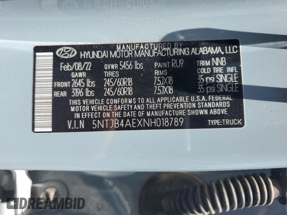 2022 Hyundai Santa Cruz SEL with VIN 5NTJB4AEXNH018789, listed as a Copart auction lot 61260335 with 74,992 mi miles and Salvage title. Bid and sale history available at DreamBid. Image 12.