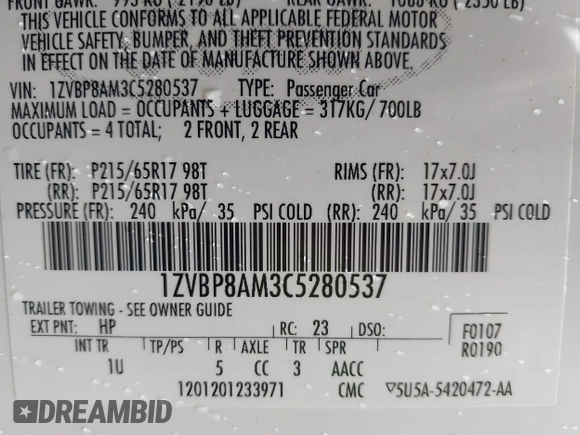 2012 Ford Mustang Premium with VIN 1ZVBP8AM3C5280537, listed as a IAAI auction lot 42171843 with 124,502 mi miles and . Bid and sale history available at carsss.com. Image 9.