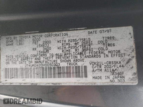 1997 Toyota T100 SR5 with VIN JT4UN24D9V0050303, listed as a Copart auction lot 68910134 with 281,477 mi miles and Salvage Title. Bid and sale history available at DreamBid. Image 12.