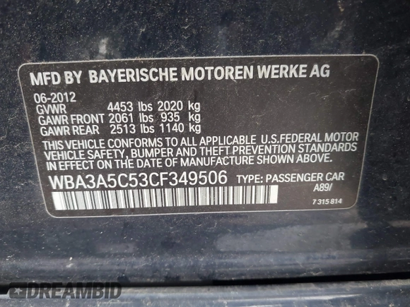2012 BMW 3 Series 328i with VIN WBA3A5C53CF349506, listed as a IAAI auction lot 41940691 with 79,636 mi miles and . Bid and sale history available at carsss.com. Image 9.