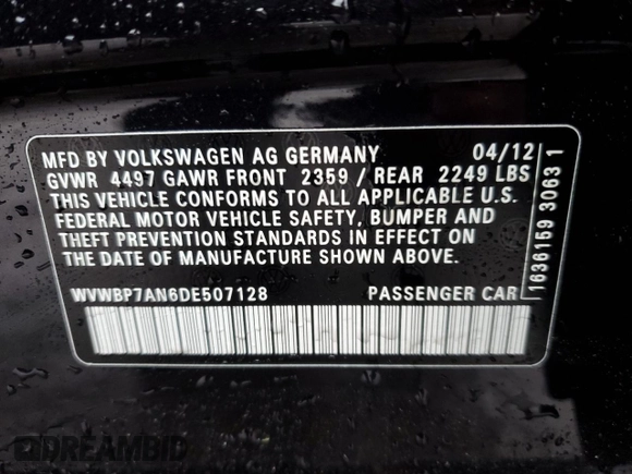 2013 Volkswagen CC Sport Plus with VIN WVWBP7AN6DE507128, listed as a Copart auction lot 56759035 with 77,140 mi miles and Salvage title. Bid and sale history available at DreamBid. Image 13.