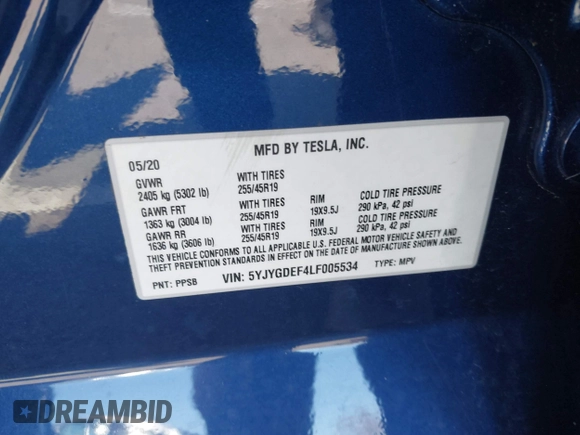 2020 Tesla Model Y Long Range with VIN 5YJYGDEF4LF005534, listed as a IAAI auction lot 41830910 with 32,438 mi miles and . Bid and sale history available at DreamBid. Image 9.