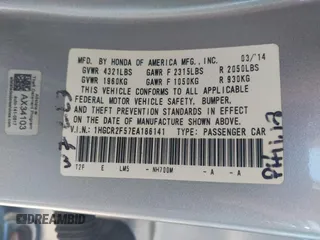 2014 Honda Accord Sport with VIN 1HGCR2F57EA186141, listed as a IAAI auction lot 41990049 with 95,805 mi miles and . Bid and sale history available at carsss.com. Image 9.