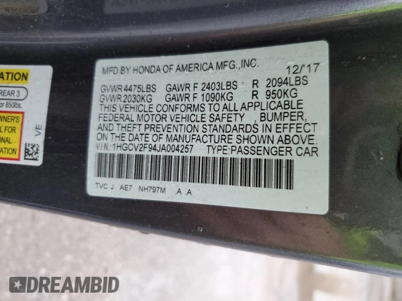 2018 Honda Accord Touring with VIN 1HGCV2F94JA004257, listed as a Copart auction lot 80640974 with Not provided miles and Salvage title. Bid and sale history available at DreamBid. Image 14.