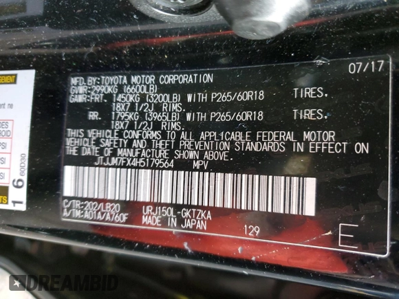 2017 Lexus GX 460 with VIN JTJJM7FX4H5179564, listed as a Copart auction lot 87943285 with Not provided miles and Salvage title. Bid and sale history available at DreamBid. Image 13.