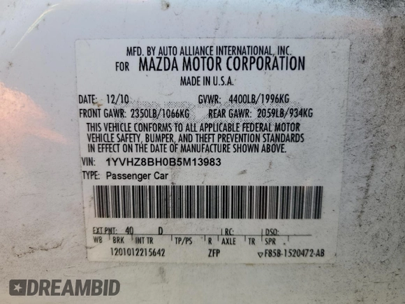 2011 Mazda Mazda6 i Sport with VIN 1YVHZ8BH0B5M13983, listed as a Copart auction lot 49128975 with 189,334 mi miles and Salvage Title. Bid and sale history available at carsss.com. Image 12.