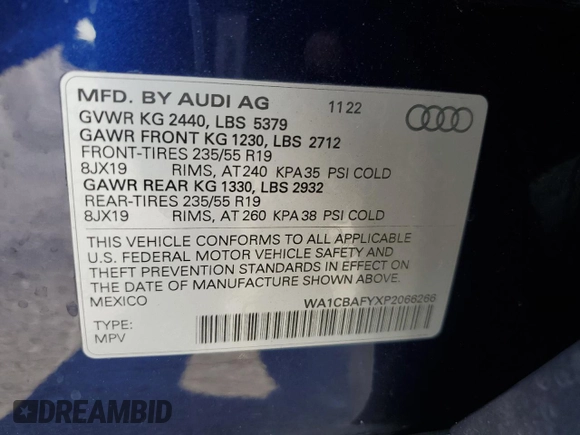 2023 Audi Q5 Prestige with VIN WA1CBAFYXP2066266, listed as a Copart auction lot 76066524 with 17,306 mi miles and Salvage Title. Bid and sale history available at carsss.com. Image 13.
