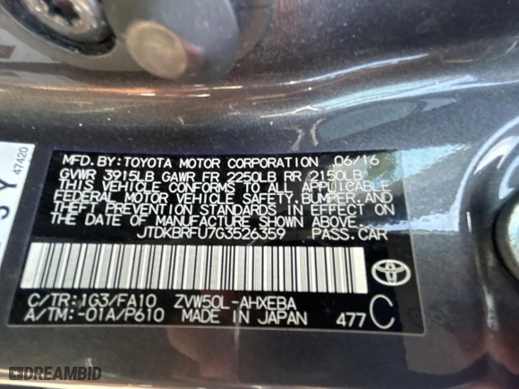 2016 Toyota Prius Two with VIN JTDKBRFU7G3526359, listed as a Copart auction lot 54631985 with 137,718 mi miles and Clean Title. Bid and sale history available at carsss.com. Image 10.