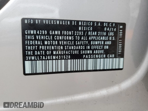 2014 Volkswagen Jetta TDI w/Premium with VIN 3VWLL7AJ6EM431528, listed as a Copart auction lot 48717075 with 149,664 mi miles and Salvage title. Bid and sale history available at DreamBid. Image 14.
