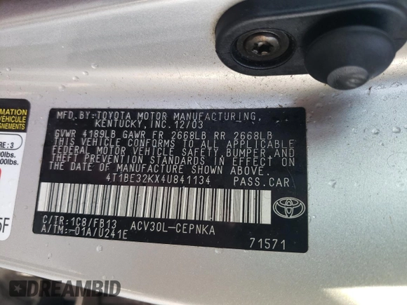 2004 Toyota Camry LE with VIN 4T1BE32KX4U841134, listed as a Copart auction lot 48545975 with 173,697 mi miles and Salvage Title. Bid and sale history available at DreamBid. Image 12.