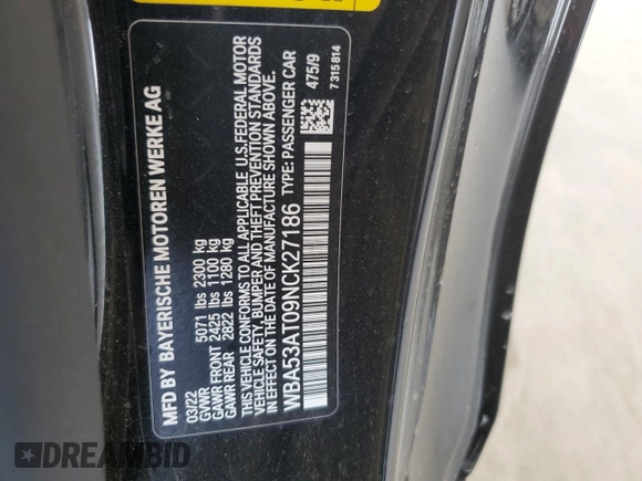2022 BMW 4 Series M440i with VIN WBA53AT09NCK27186, listed as a Copart auction lot 59896085 with Not provided miles and Non repairable. Bid and sale history available at DreamBid. Image 12.