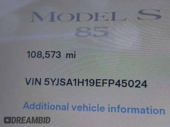 2014 Tesla Model S 60 z VIN 5YJSA1H19EFP45024, wystawiony jako IAAI lot #41960222 z przebiegiem 108 573 mil mil oraz . Historia ofert i sprzedaży dostępna na DreamBid. Obrazek 16.