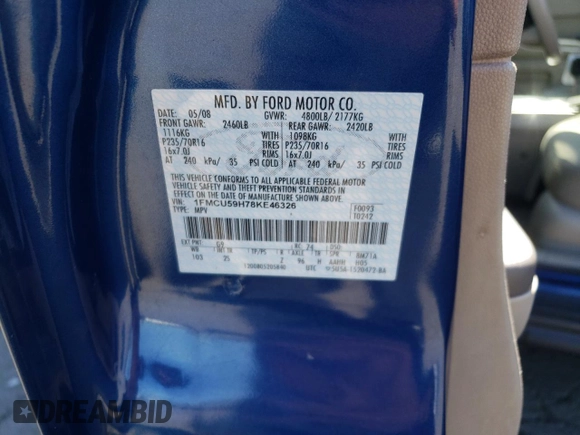 2008 Ford Escape Hybrid with VIN 1FMCU59H78KE46326, listed as a Copart auction lot 53535205 with 215,094 mi miles and Salvage title. Bid and sale history available at DreamBid. Image 12.