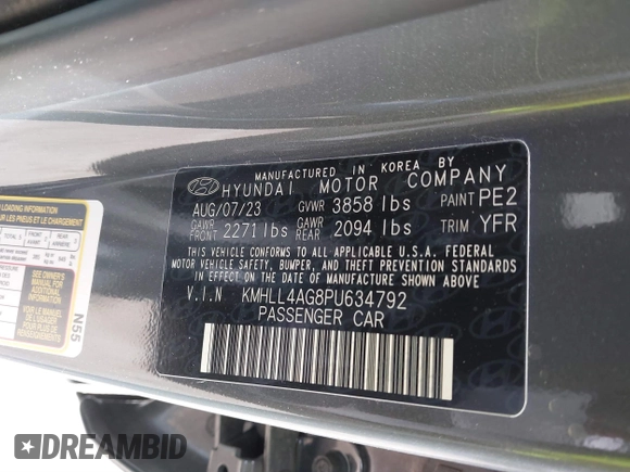 2023 Hyundai Elantra SE with VIN KMHLL4AG8PU634792, listed as a IAAI auction lot 41526912 with 10,892 mi miles and . Bid and sale history available at DreamBid. Image 9.