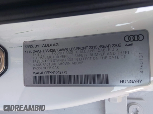 2017 Audi A3 Premium with VIN WAUAUGFFXH1042773, listed as a IAAI auction lot 42225176 with 59,143 mi miles and . Bid and sale history available at DreamBid. Image 9.
