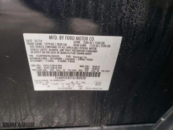 2014 Ford Taurus SEL with VIN 1FAHP2E87EG182020, listed as a Copart auction lot 47569975 with 173,186 mi miles and Salvage Title. Bid and sale history available at carsss.com. Image 12.