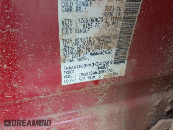 2023 Nissan Titan Pro-4X with VIN 1N6AA1FB9PN104089, listed as a IAAI auction lot 42202488 with 58,151 mi miles and . Bid and sale history available at DreamBid. Image 9.