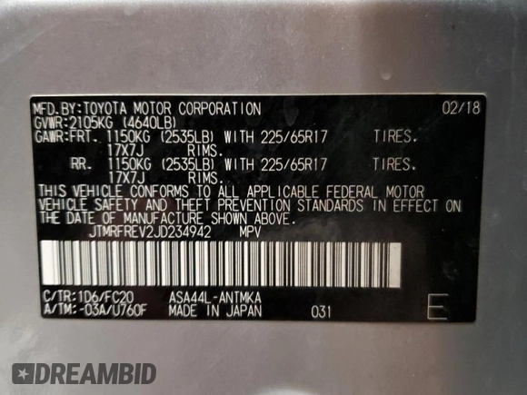 2018 Toyota RAV4 XLE with VIN JTMRFREV2JD234942, listed as a Copart auction lot 54136645 with Not Provided miles and Salvage Title. Bid and sale history available at DreamBid. Image 14.