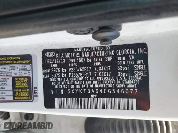 2014 Kia Sorento LX with VIN 5XYKT3A64EG546077, listed as a Copart auction lot 54934625 with 200,774 mi miles and Clean Title. Bid and sale history available at carsss.com. Image 12.
