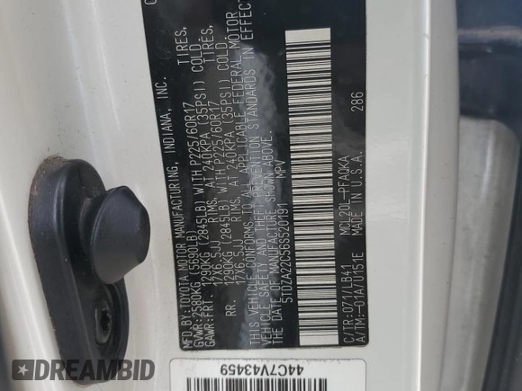 2006 Toyota Sienna XLE z VIN 5TDZA22C56S520191, wystawiony jako Copart lot #57703465 z przebiegiem 274 014 mil mil oraz Szkoda całkowita • Salvage title. Historia ofert i sprzedaży dostępna na DreamBid. Obrazek 13.