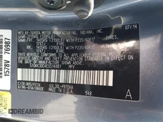 2014 Toyota Sienna LE AAS with VIN 5TDKK3DC4ES514981, listed as a IAAI auction lot 41601188 with 164,963 mi miles and . Bid and sale history available at DreamBid. Image 9.