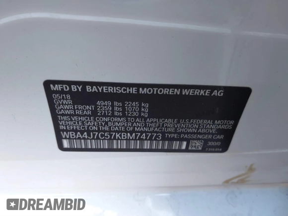 2019 BMW 4 Series 440i xDrive with VIN WBA4J7C57KBM74773, listed as a IAAI auction lot 40770866 with 79,382 mi miles and . Bid and sale history available at carsss.com. Image 9.