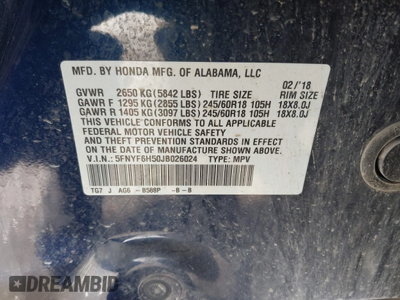 2018 Honda Pilot EX-L with VIN 5FNYF6H50JB026024, listed as a IAAI auction lot 41424404 with 56,030 mi miles. Bid and sale history available at carsss.com. Image 9.