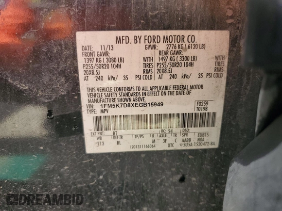 2014 Ford Explorer XLT with VIN 1FM5K7D8XEGB15949, listed as a Copart auction lot 55047035 with 191,151 mi miles and Salvage Title. Bid and sale history available at DreamBid. Image 14.