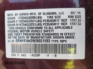 2014 Honda Pilot LX with VIN 5FNYF4H29EB031593, listed as a IAAI auction lot 41769098 with 153,401 mi miles and . Bid and sale history available at carsss.com. Image 9.