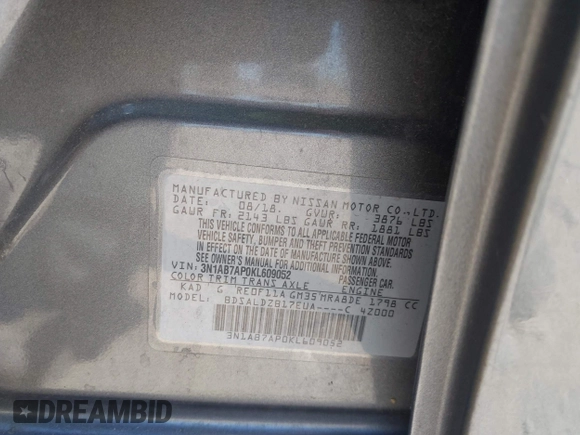2019 Nissan Sentra SV with VIN 3N1AB7AP0KL609052, listed as a IAAI auction lot 42106395 with 180,714 mi miles and . Bid and sale history available at DreamBid. Image 9.